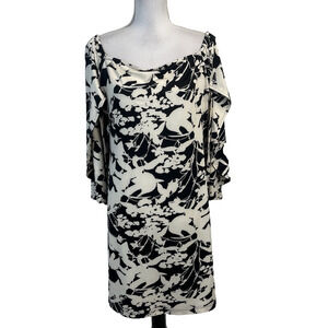 Le Mer Luxe Dress Women's Size L Black Floral Stretch Straight Knee Cottage Core